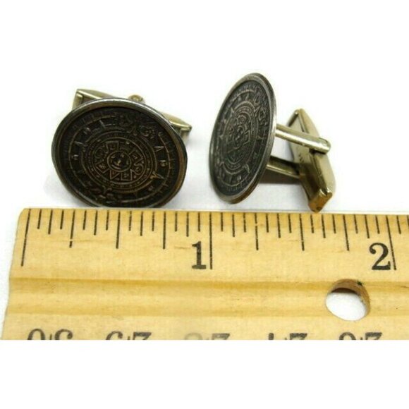 Vintage 925 Hecho en Mexico Mayan Calendar Cuff Link Shirt Tux Cufflinks ECHI - Picture 3 of 10